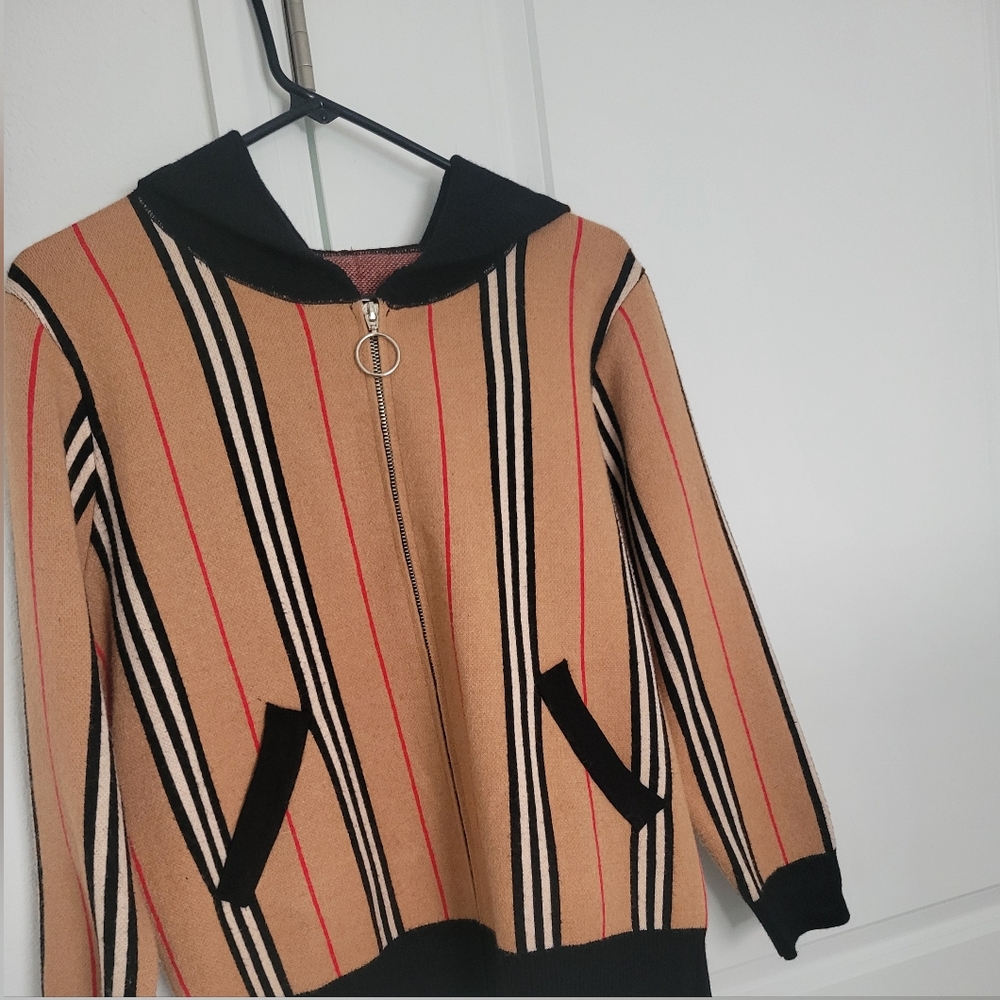 Buberry- inspiredWomen's Hooded Zip-Up Sweater Jacket in Camel Stripe